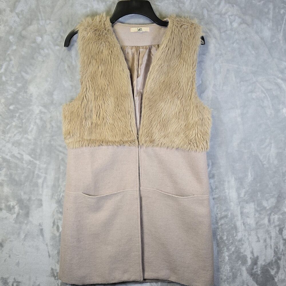 YA Los Angeles Faux Fur Long Sweater Vest Open Hook & Eye Close Tan L Pockets